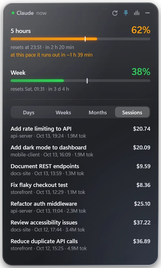 The stats view on the Sessions tab: a list of recent sessions with project, time, tokens and cost.